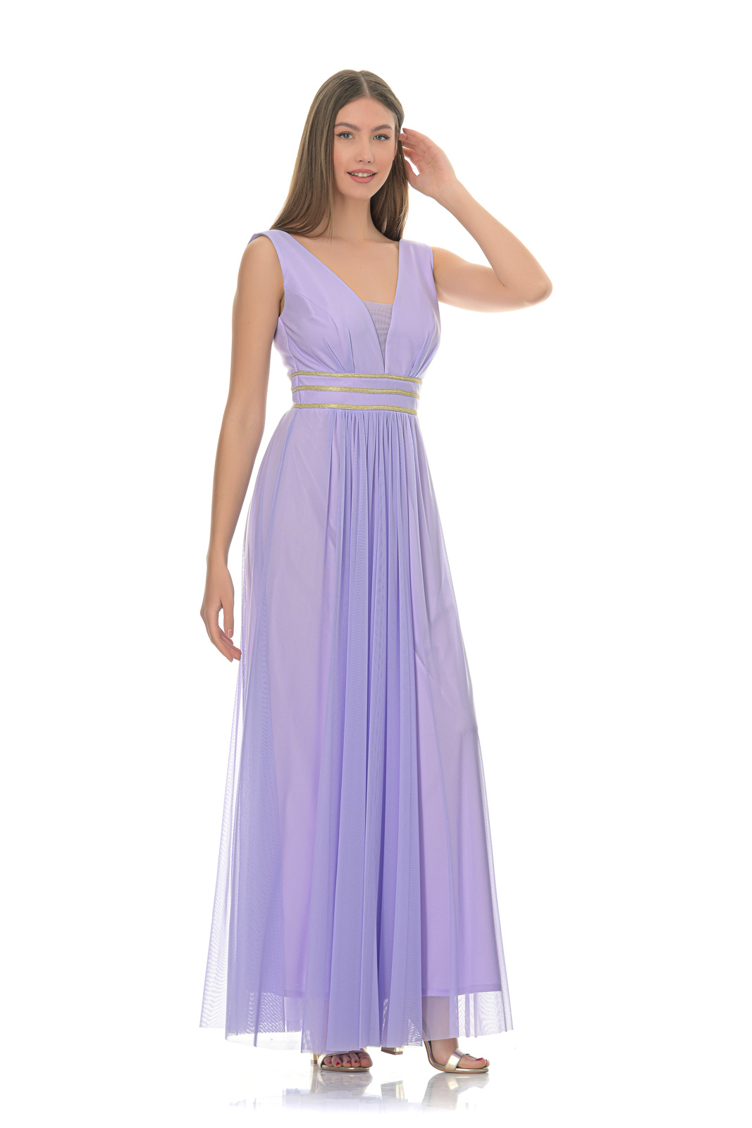 Φόρεμα μάξι, λιλά, με τρεις σειρές χρυσό ρέλι.  Ύφασμα τούλι.