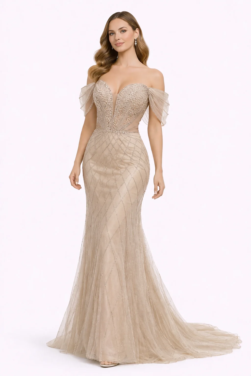 Μάξι Ολόκεντητο Γοργονέ Φόρεμα Off-Shoulders